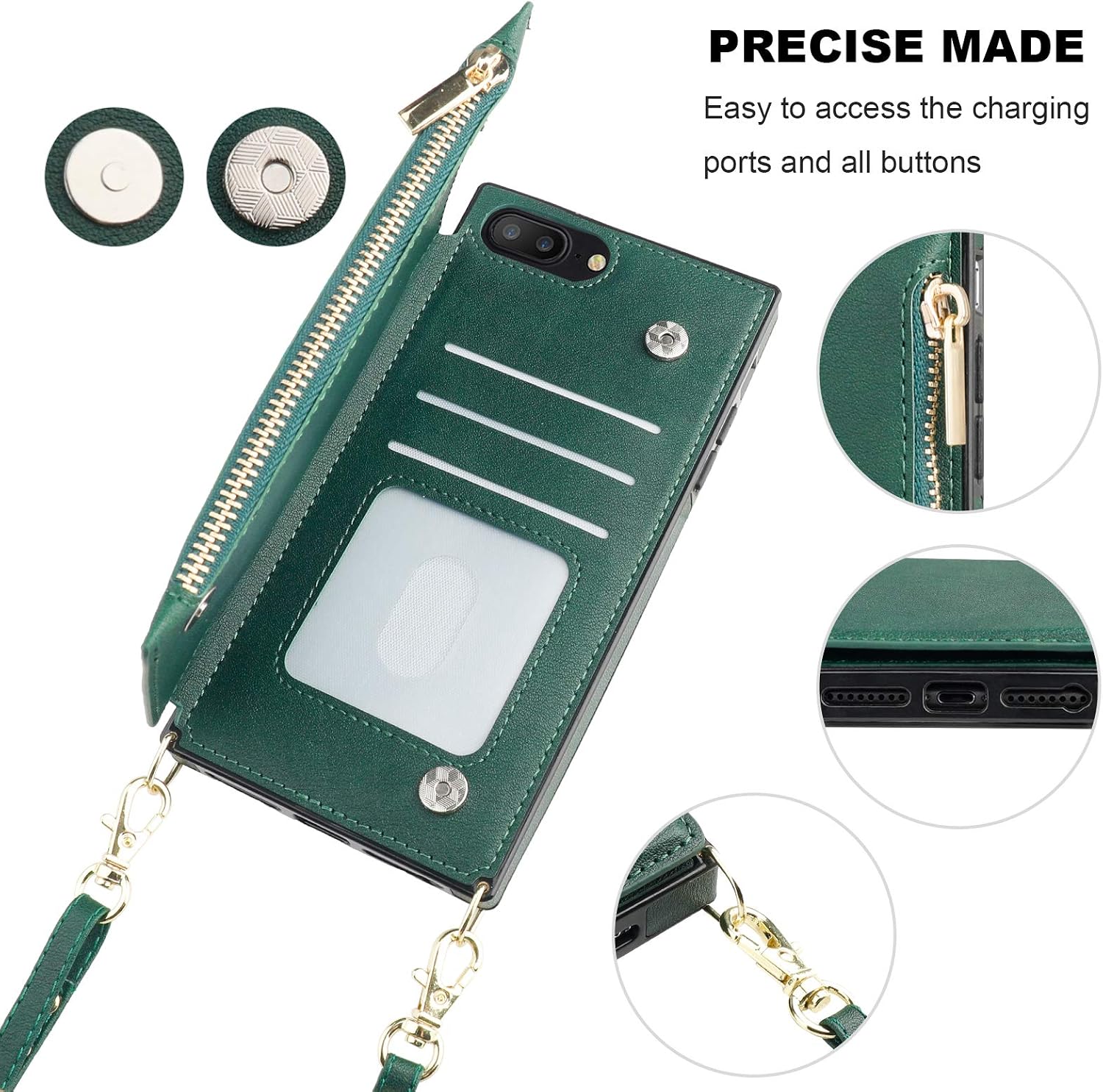 Bocasal Crossbody Wallet Case for iPhone 7 Plus/8 Plus with Card Holder,Zipper Card Slot Protector Shockproof Purse Cover with Removable Cross Body Strap 5.5 Inch(Green)