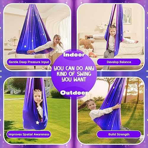 Miniatura 7 de Columpio sensorial para niños, para interiores y exteriores, silla hamaca de doble capa con kit de suspensión giratoria de 360 grados, columpio