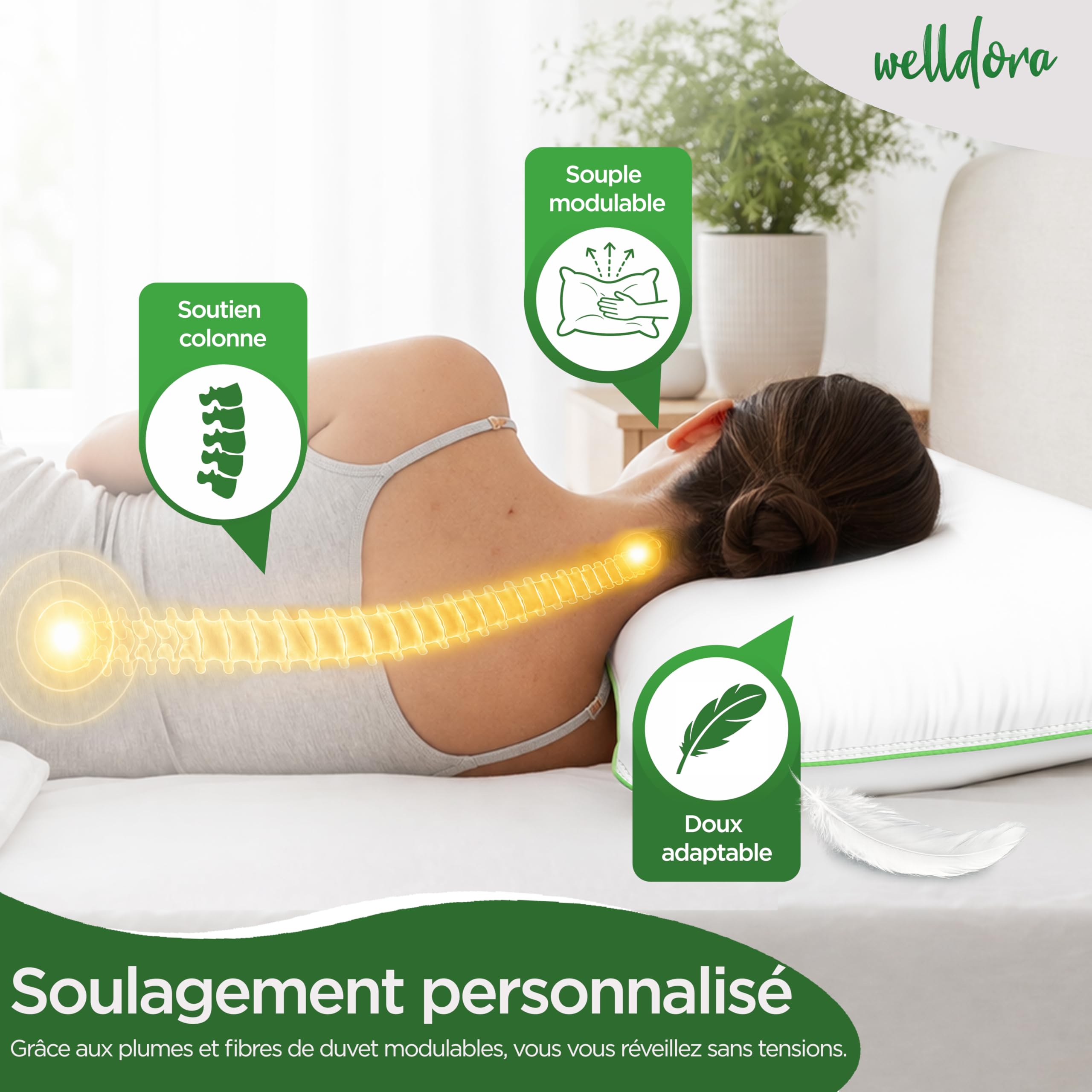 Welldora Oreiller 60x60, Premium 3 comp., Duvet/Plumes, Confort Moelleux