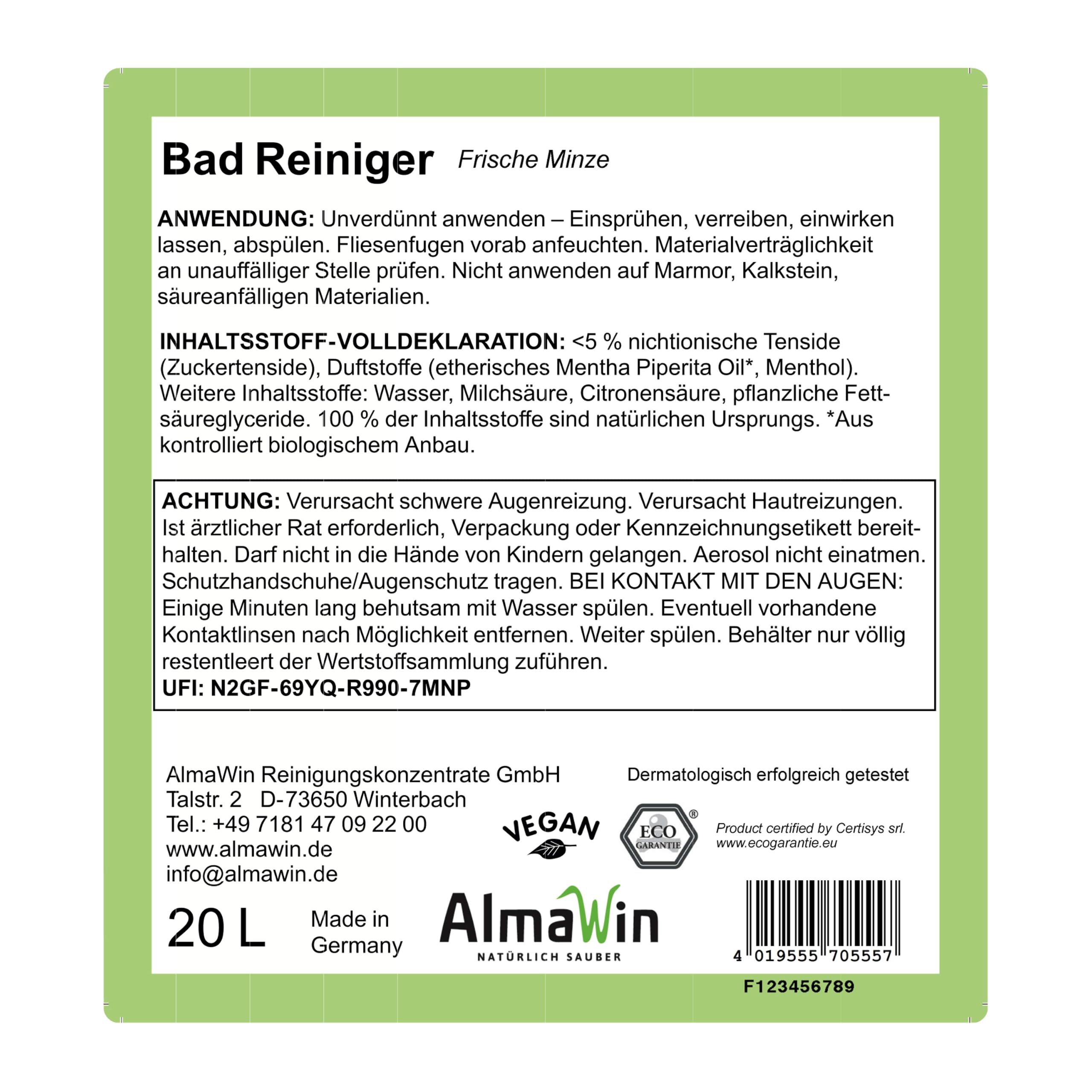 AlmaWin® Bad Reiniger [20L] für strahlende Sauberkeit - Badreiniger Spray mit Pfefferminz-Duft - Badezimmer Reiniger - Effektiv gegen Kalk & Schmutz - Badreiniger Extra Stark, Bio & Vegan