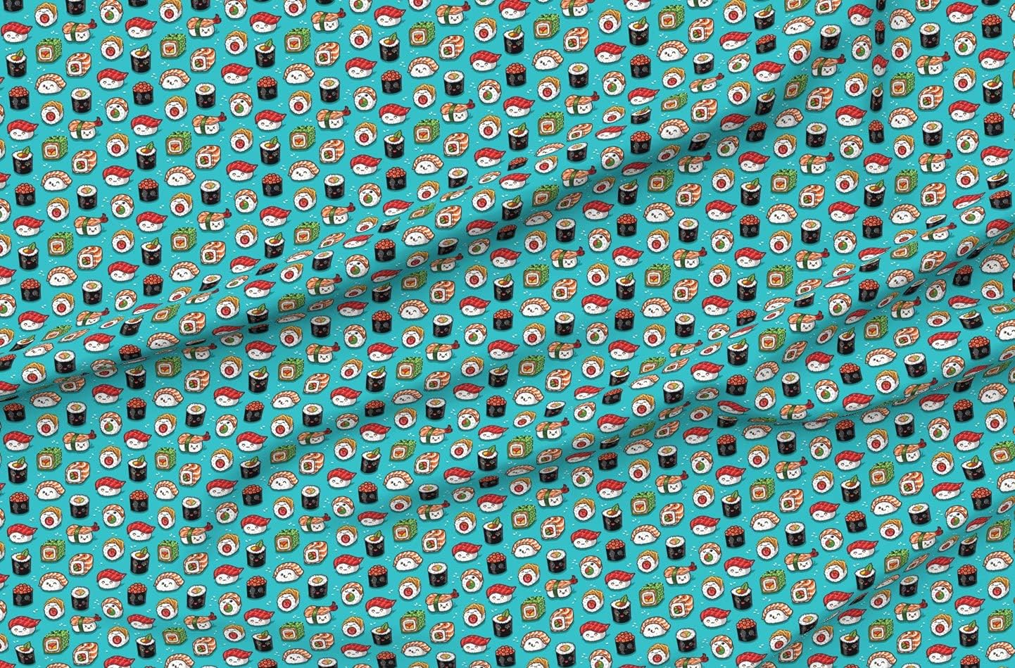 Spoonflower Fabric - Kawaii, Cute, Sushi, Food Print, Japanese, Aqua Blue, Fish, Cartoon Printed on Organic Cotton Sateen Fabric by The Yard - Sewing Quilting Apparel Home Decor