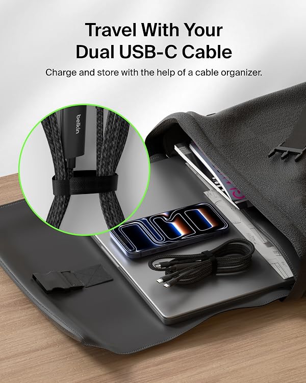Belkin 2-in-1 USB C to USB C Cable 140W, 5ft Braided Dual Charging Cable - Fast-Charging Combo Cord w/Smart Power Sharing for MacBook, iPhone, iPad, Samsung, Pixel, & More - Travel Essentials - Black by Belkin - Image 8