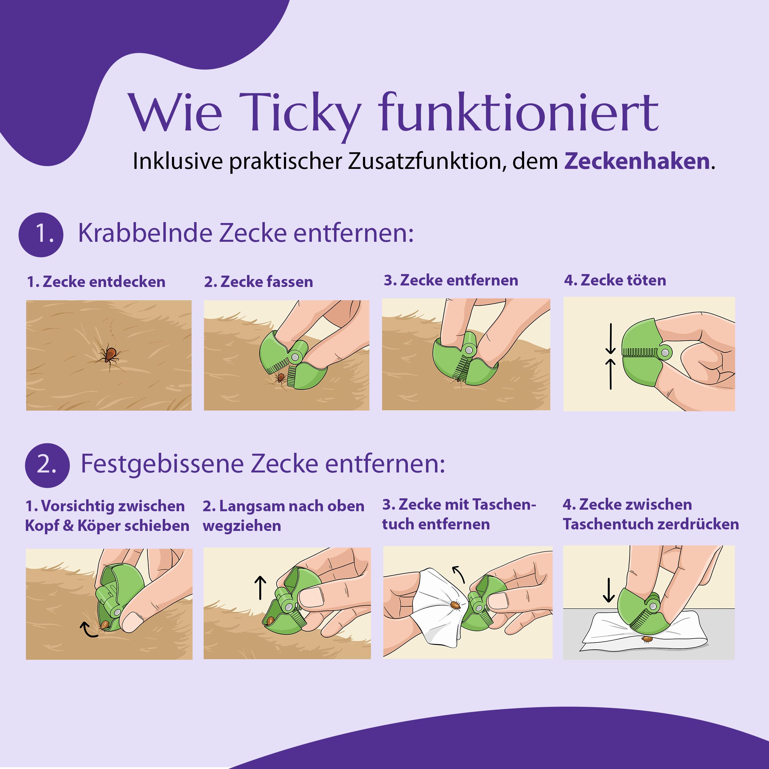 ticky - Innovative 3-in-1 Zeckenzange für Hunde & Katzen - Hygienische Zeckenentfernung auch für Flöhe - Zeckenentferner Zeckenschutz für Hund & Katze - Zeckenzange, Zeckenhaken, Zeckenkamm in Einem