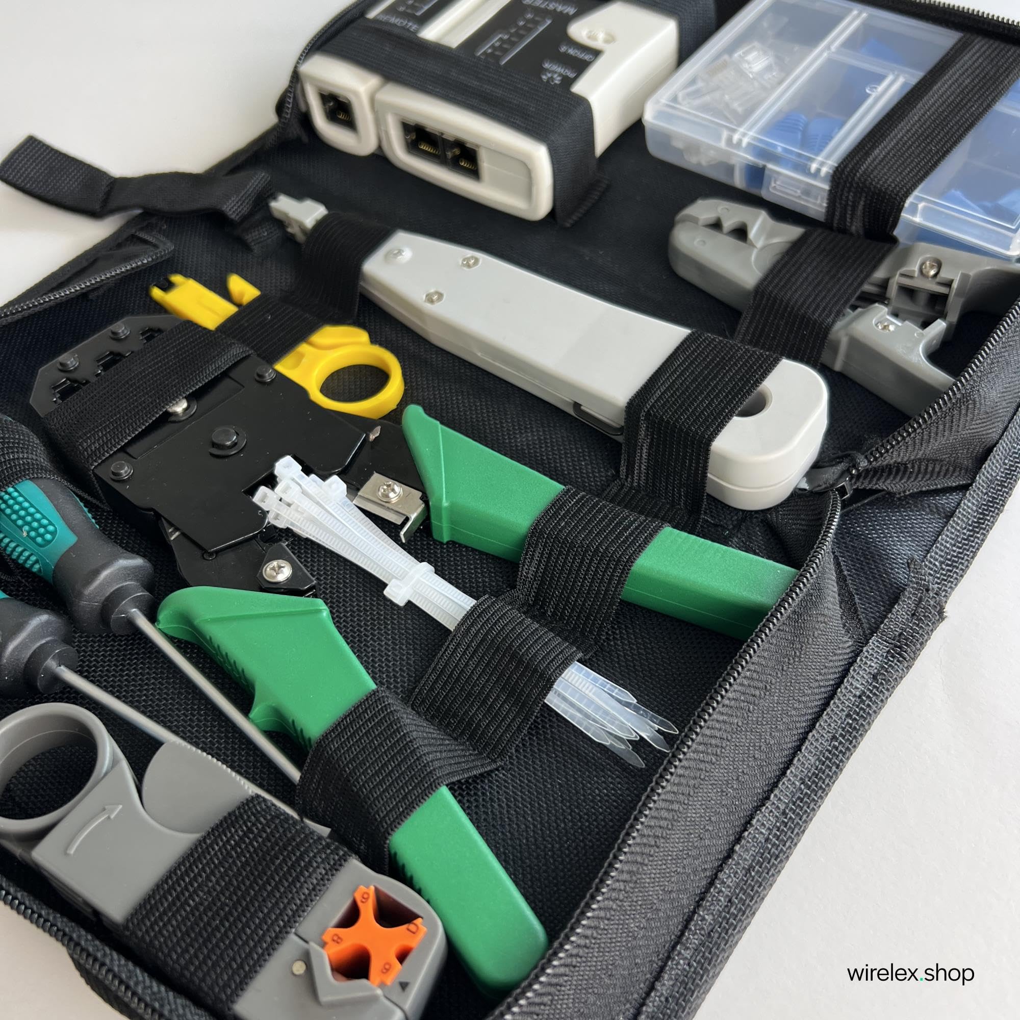 10-tlg. Netzwerk-Werkzeugset mit Tasche - RJ-45/12/10 Crimpzange, LAN-Tester mit Sweep Mode, LSA-Werkzeug, Schraubendreher, Kabelbinder, für Heimnetzwerke und SOHO