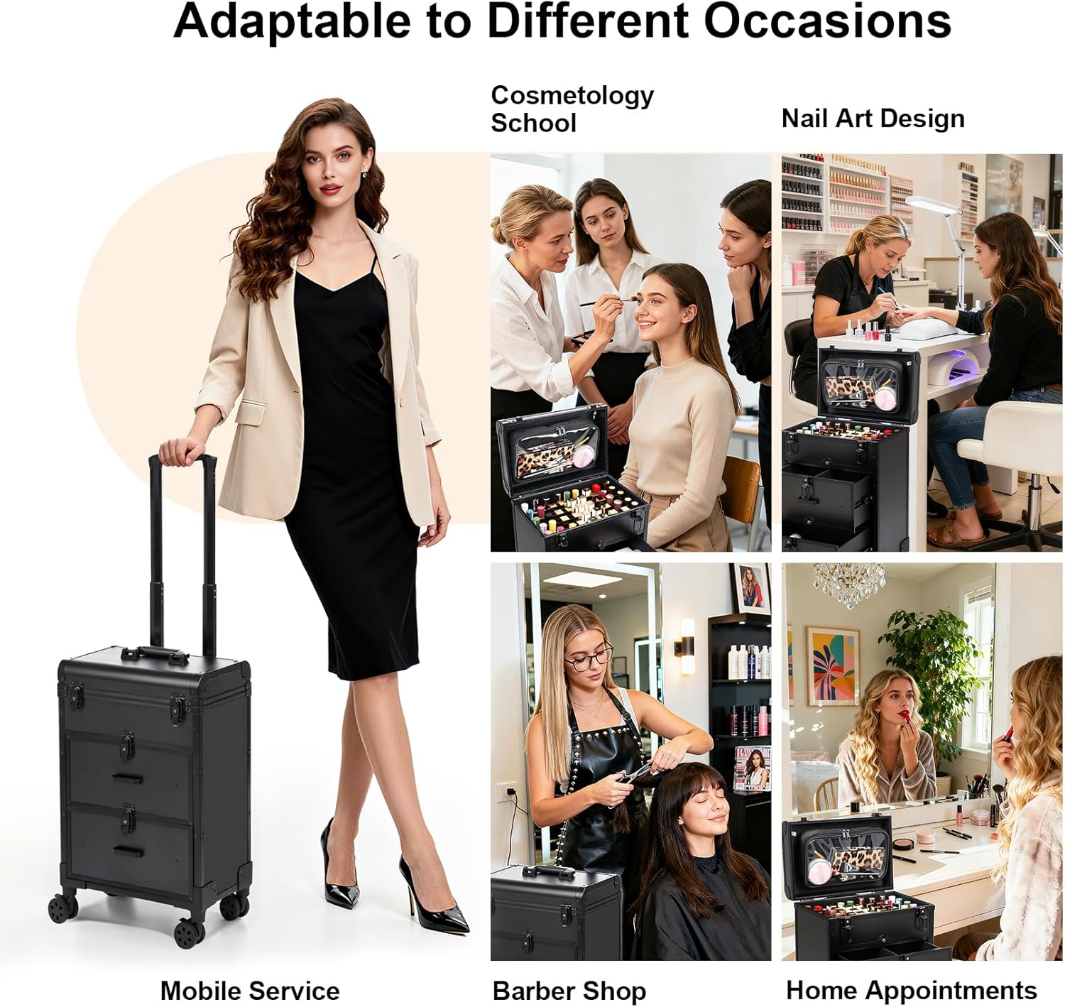 3 in 1 Rolling Makeup Case, Professional Cosmetology Case on Wheels with 2 Drawers, Ideal Gift for Hairstylist, Nail Techs, 3 Tiers Portable Beauty Organizer Case for Travel or Salon Use, Black - Image 6