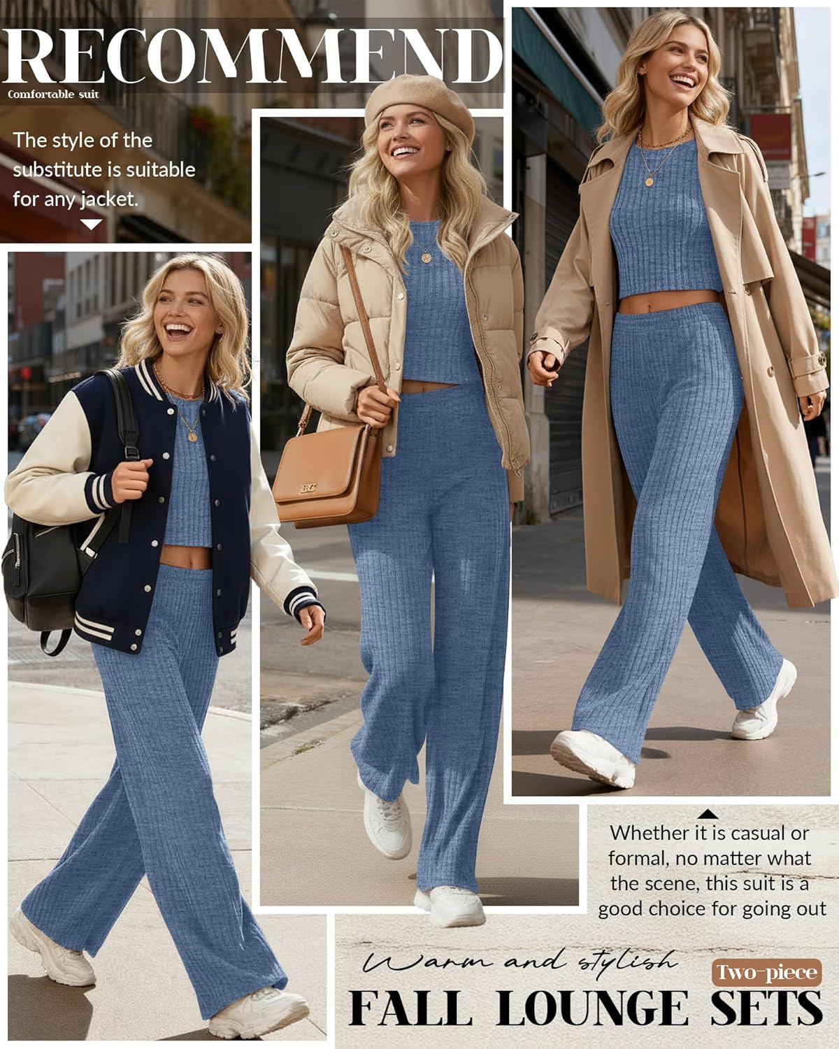 Women's 2 Piece Lounge Sets 2026 Ribbed Long Sleeve Crop Top Wide Leg Pants Travel Outfits Casual Matching Set - Image 4