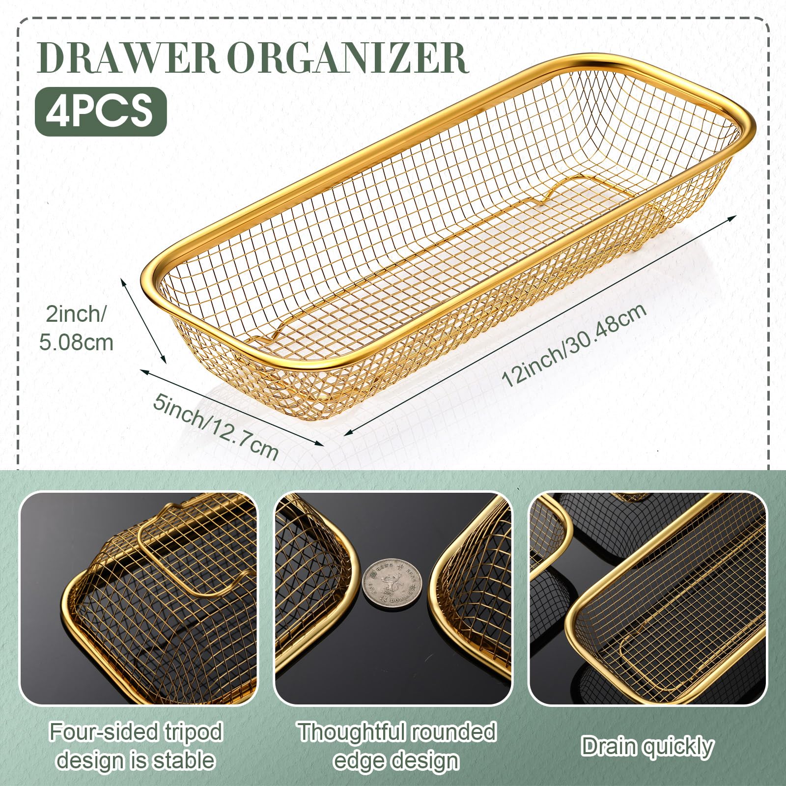 4 cestas doradas para cajones de cocina de acero inoxidable, contenedor de almacenamiento de malla, soporte dorado para utensilios de cocina, cesta de alambre apilable, 12 x 5 x 2 pulgadas 2