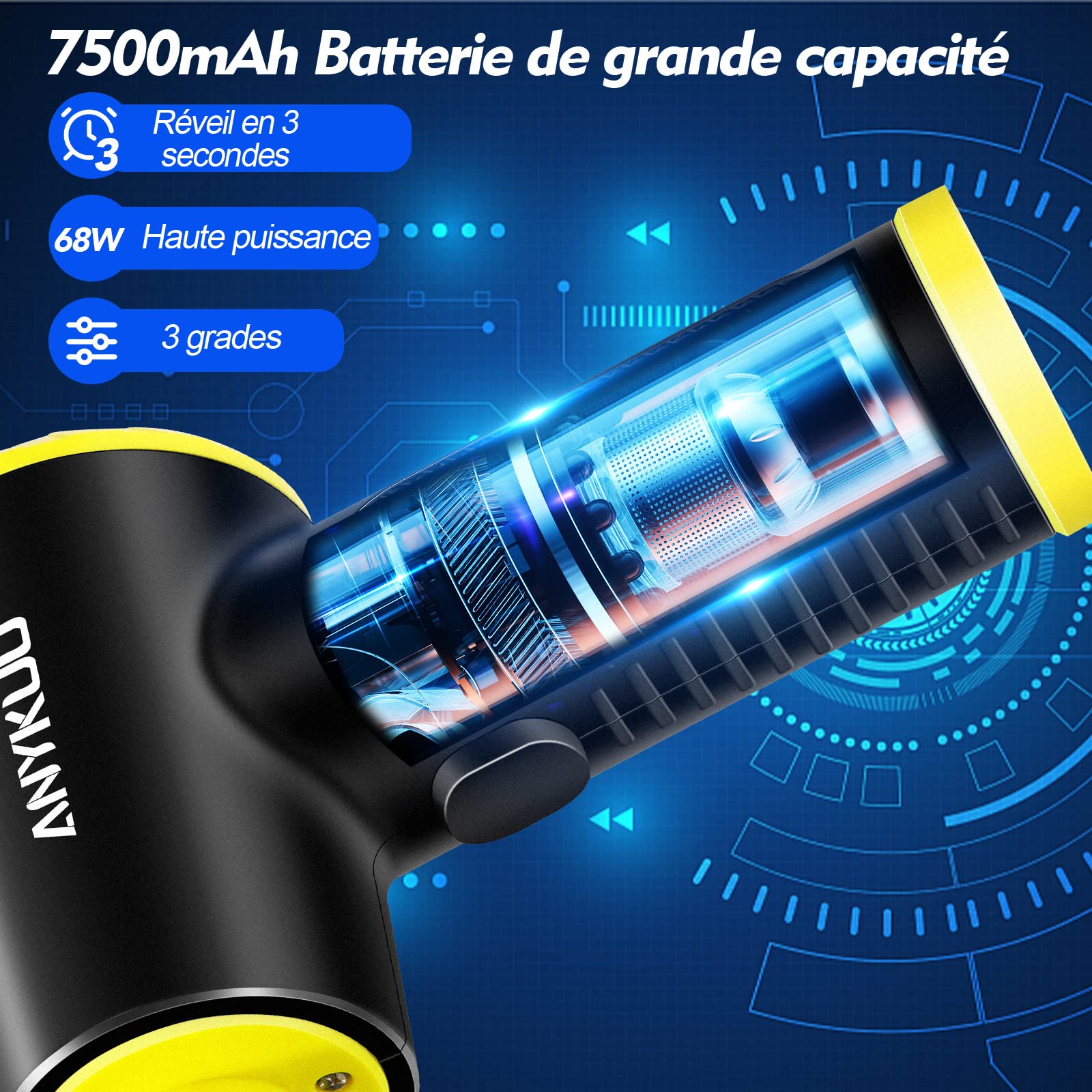 Anykuu Souffleur PC Electrique 7500 mAh，90000 TR/Min 3 Vitesses Bombe - Air Comprimé Nettoyage avec Lumière LED，Aspirateur Voiture Rechargeable, Dépoussiérants Puissants.