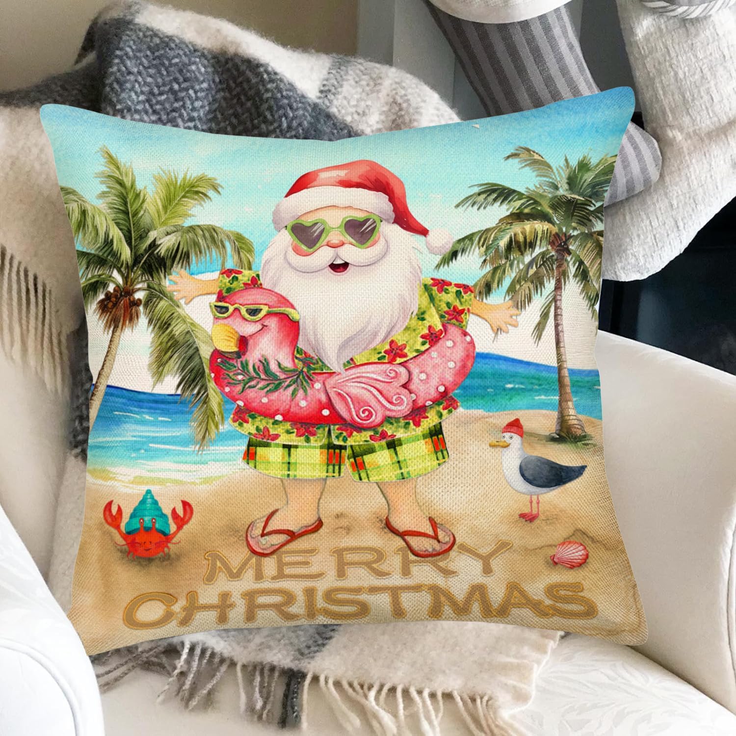 Fukeen Merry Christmas Beach Pillow Covers 22x22 Inch Set of 4 Santa Claus Flamingo Tropical Tree Ocean Sea Pillow Cases Pillow Covers for Home Winter Xmas Couch Living Room Holiday Cushion Cover