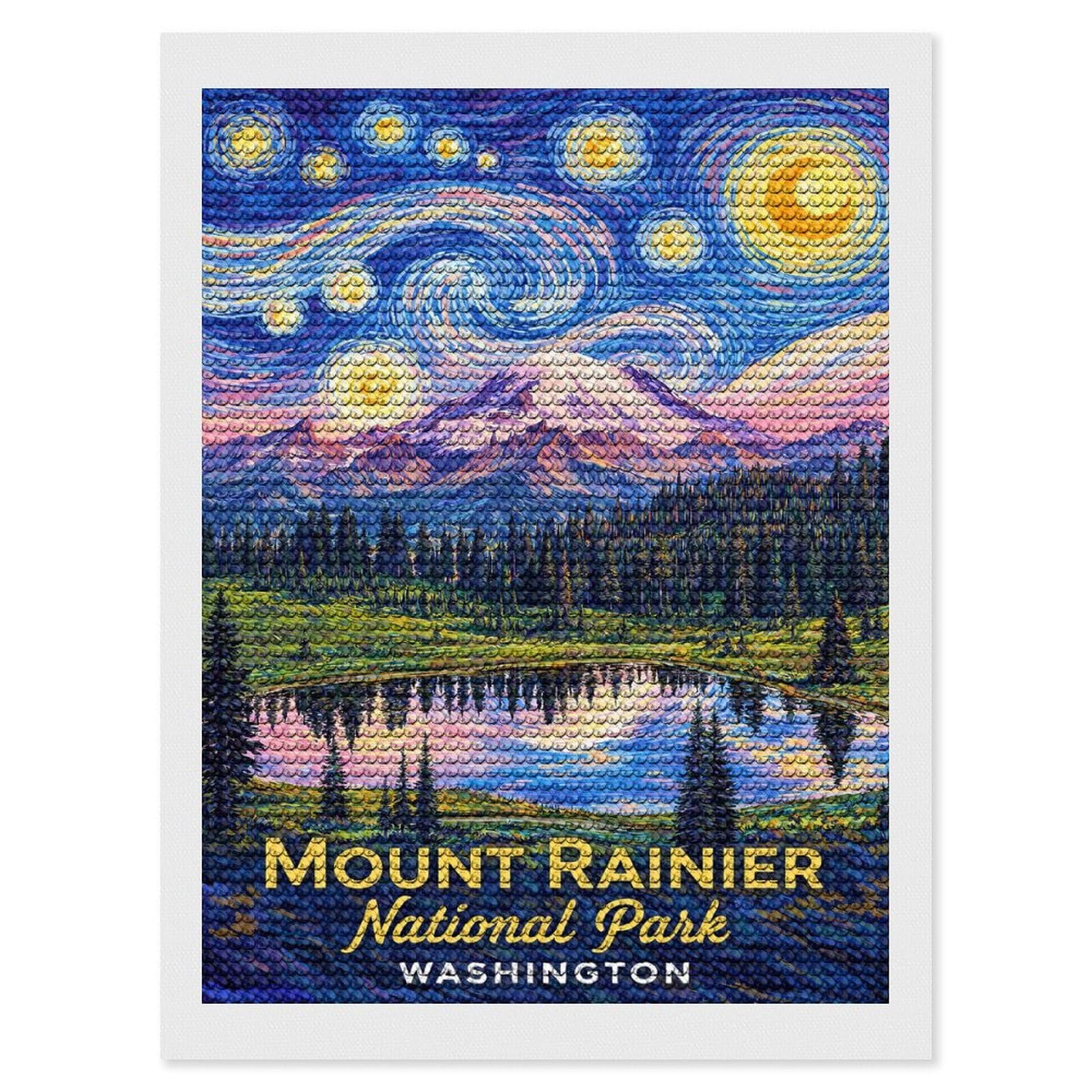 Junmoney Mount Rainier National Park Starry Night Diamond Art Canvas 12"x16", for Adults, Printed Canvas, Home Wall Decor, Gift Idea, Mindful Craft Activity