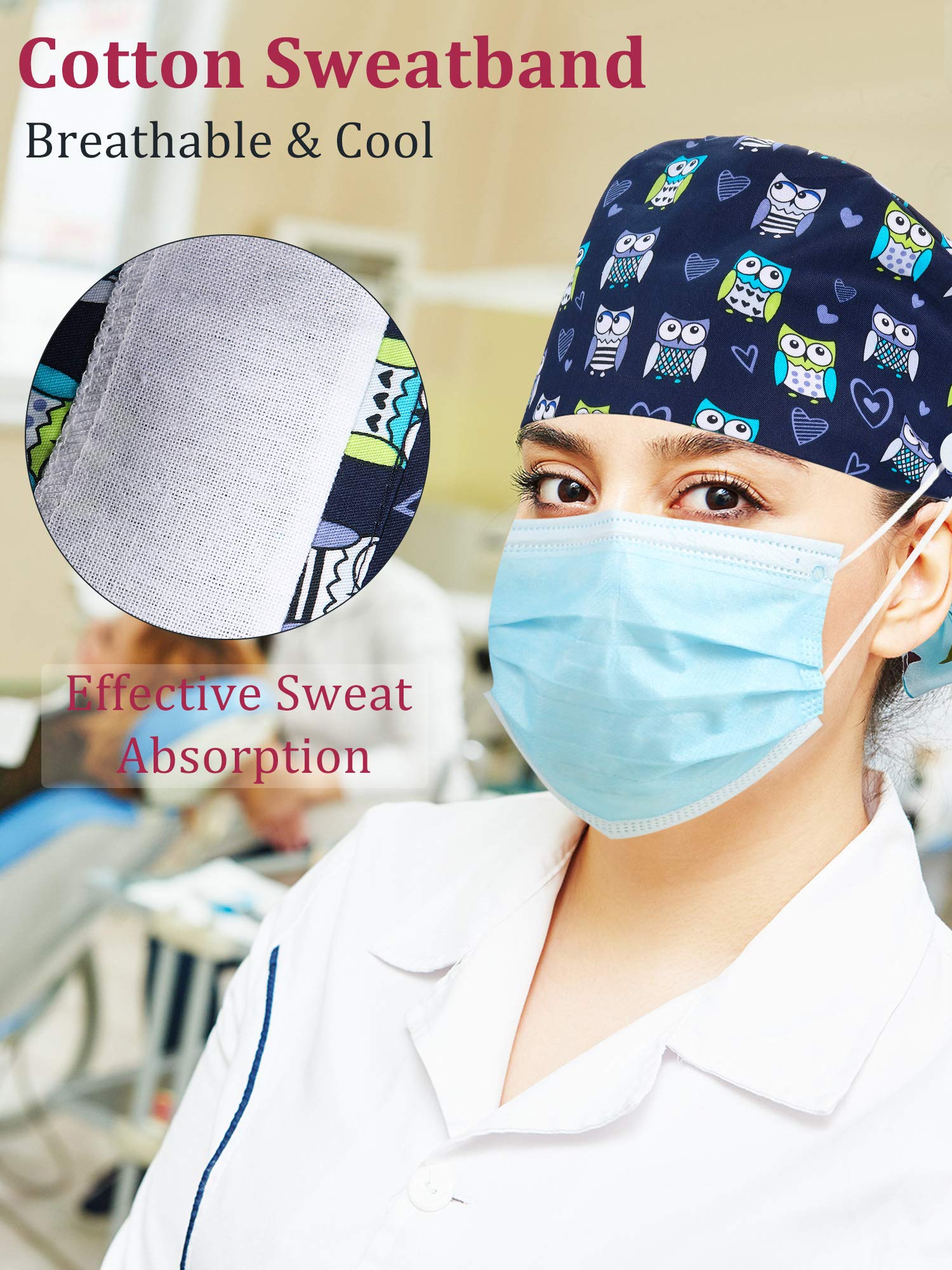 Gorros de trabajo con botones, amarre trasero y banda para el sudor, para mujeres y hombres, 8 unidades, talla única 5