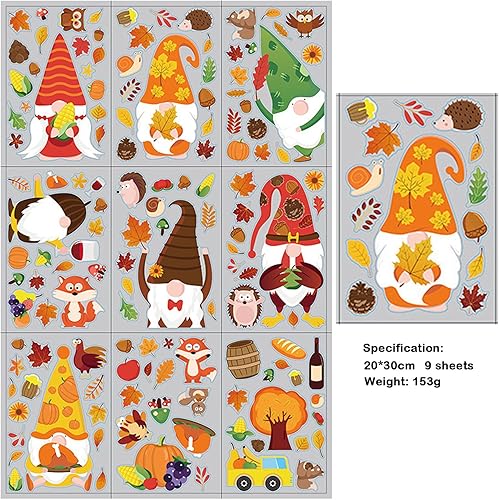 Miniatura 3 de Adhesivos de gnomo de otoño para ventana de cristal, 9 hojas de Acción de Gracias, calcomanías de calabaza de doble cara, decoración para el hogar,