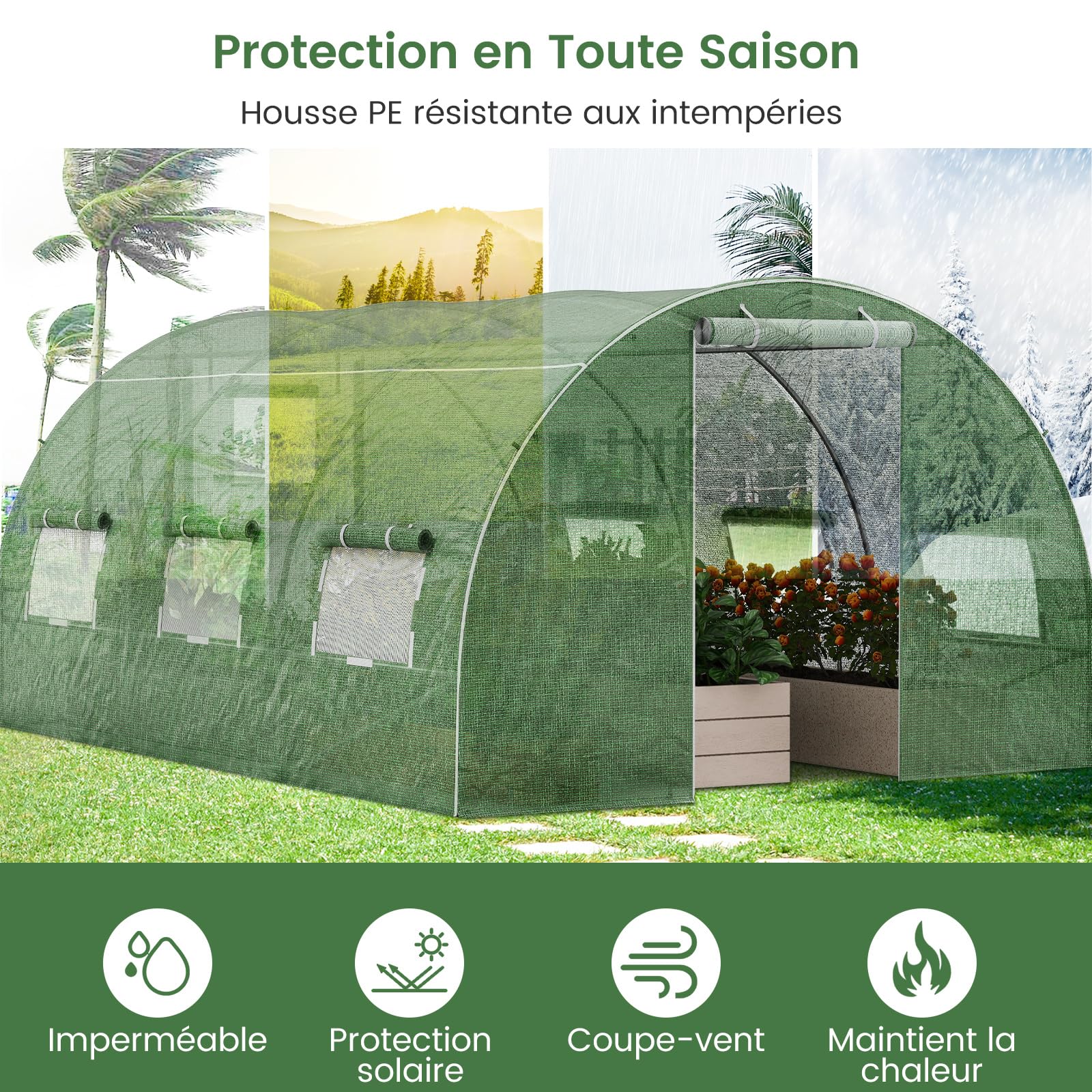 RELAX4LIFE Serre de Jardin 12m², Serre Tunnel de Jardin 4x3x2M avec Cadre en Acier Galvanisé, 2 Portes et 8 Fenêtres Enroulables, Housse PE pour Légumes, Fruits, Fleurs, Idéale pour Toutes Saisons