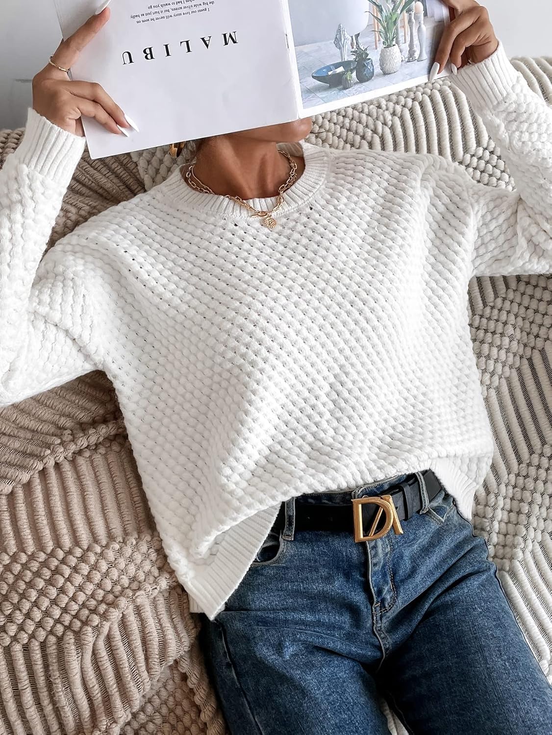 Solid Drop Shoulder Round Neck Sweater (Size : Small)