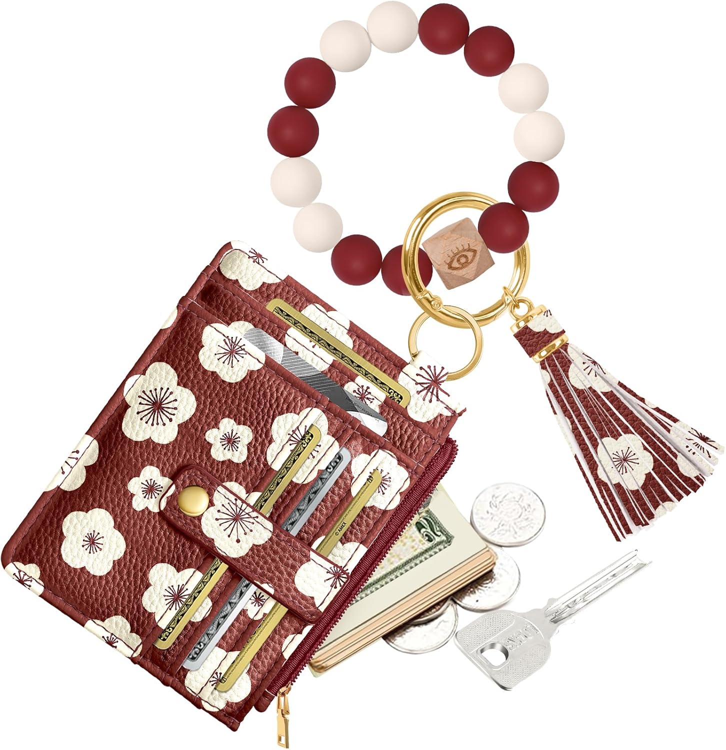 Bistup Wallet Keychain Wristlet for Women - Credit Card Holder Wallets Key Chain Ring Cute Design Slim Small RFID Coin Pocket Purse for Ladies Teen Girls Fashion Red Flower