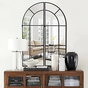 NeuType Arched Wall Mirror 38" X 26" Window Mirror Wood Framed Arched Mirror Farmhouse Mirror Decorative Wall Mirrors Wall Decor for Living Room Entryway Bedroom, Black