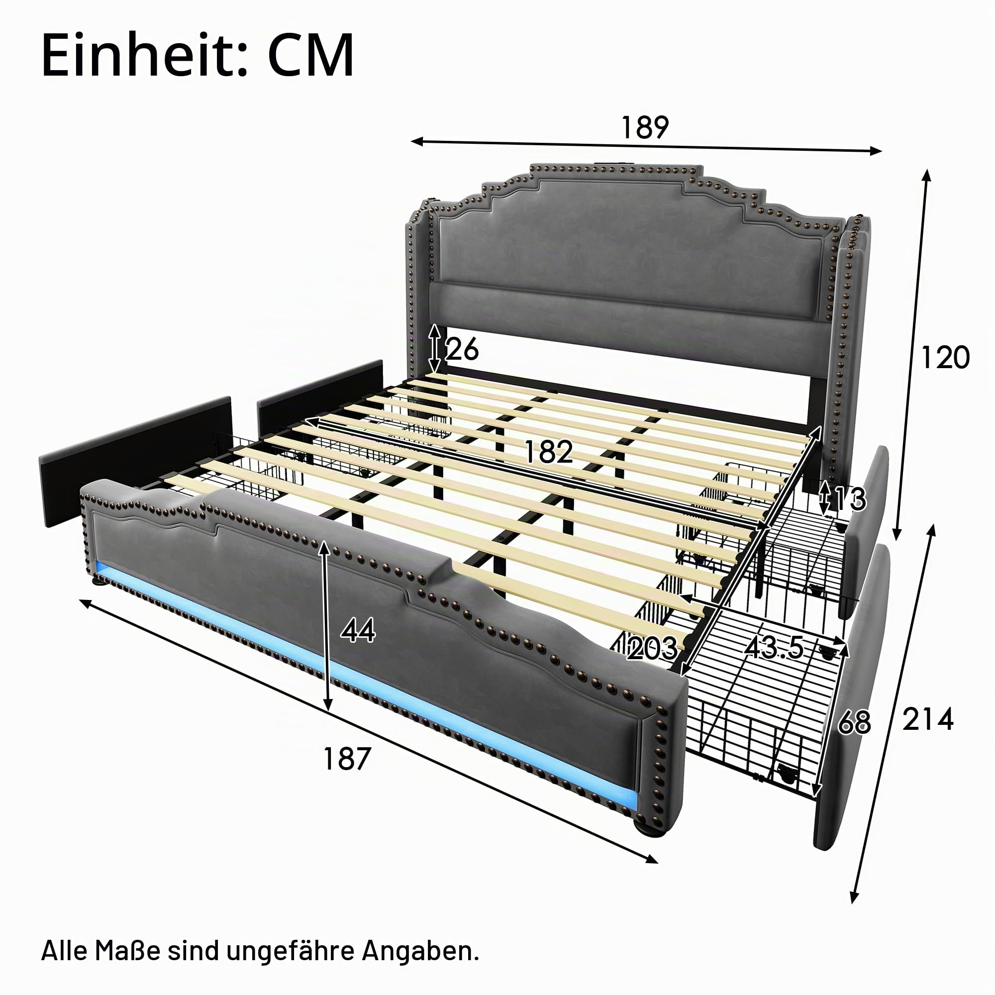 Merax Polsterbett 180x200cm Doppelbett Bettrahmen mit 4 Schublade, Gepolstertes Bett mit LED & USB-C-Ladeanschluss, Stauraumbett Funktionsbett mit Lattenrost, Samt, Retro-Stil, ohne Matratze, Grau