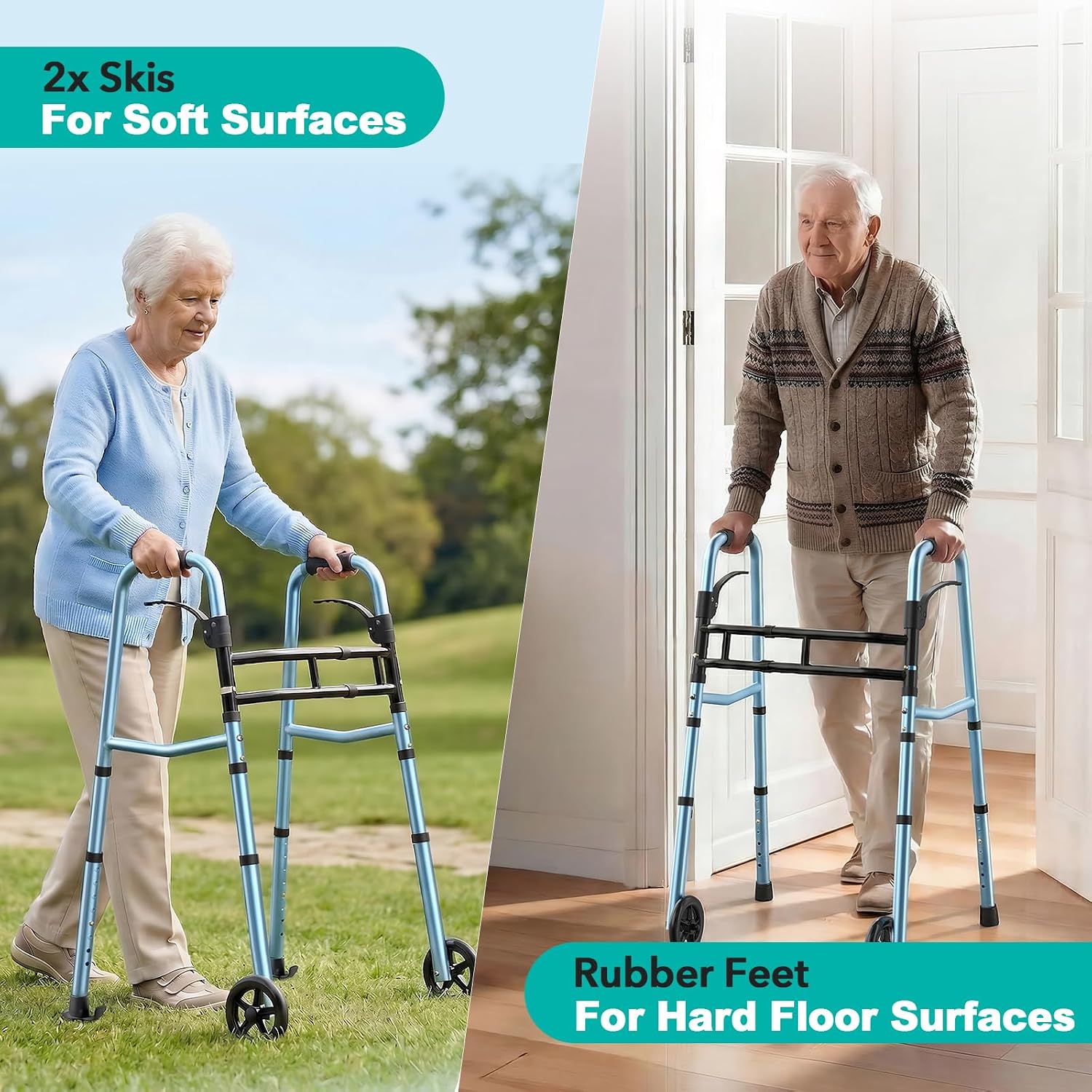 Image showing a senior using the walker with ski glides outdoors and with rubber feet indoors.