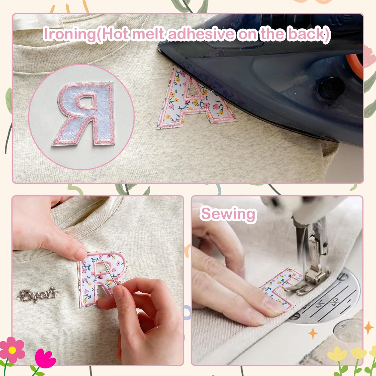 Jongdari 26pcs Iron on Letters for Clothing, Flower Embroidery Varsity Alphabet Letterman Decorate Repair Patches with Ironed Adhesive for Shirts Jackets Hats Jeans Shoes Bags - Pink - Image 3
