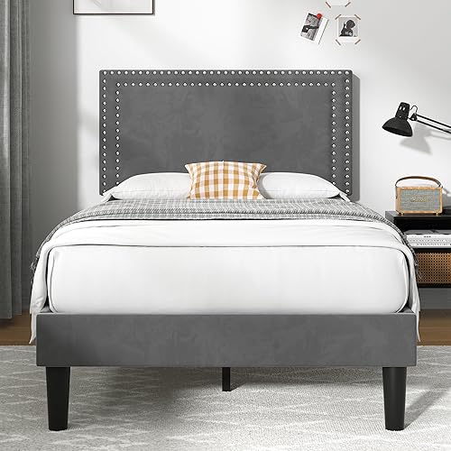 Miniatura 330 de VECELO Base de cama de tamaño matrimonial con cabecera tapizada ajustable, plataforma de listones de madera, diseño sin ruido, fácil montaje Negro