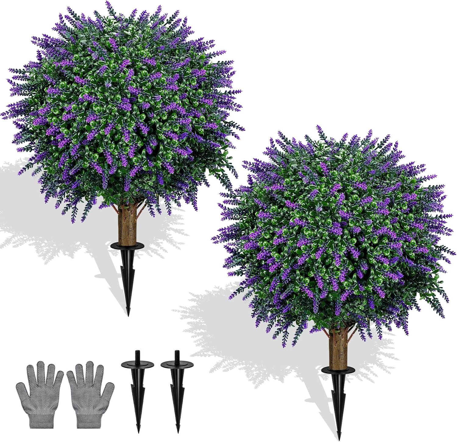 TNELTUEB Artificial Lavender Boxwood Topiary Ball 27" Tree, Set of 2 UV Resistant Faux Silk Shrubs with Ground Spikes, Large Fake Boxwood Plants for Outdoor, Garden, Porch, Patio Decor and Reception