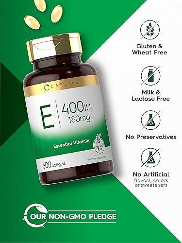 Miniatura 4 de Carlyle Cápsulas de cápsulas blandas de vitamina E de 400 UI | 180 mg | 300 unidades | Fórmula sin OMG y sin gluten