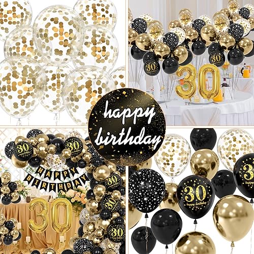 Miniatura 4 de Juego de globos de decoración de fiesta de oro negro número 30 de 40 pulgadas, globos gigantes dorados con pancarta de cumpleaños, guirnalda de arco