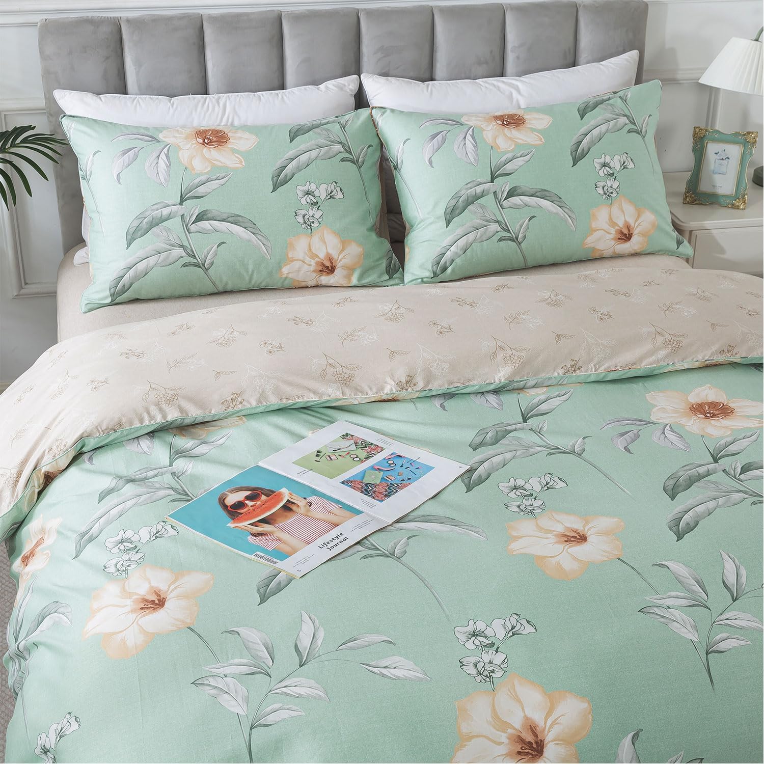 FADFAY Full Duvet Cover Set 100% Cotton, Yellow Magnolia Floral Print, Soft Crisp Reversible Comforter Cover with Zipper, All-Season Breathable Farmhouse Country Bedding, 3-Piece Set