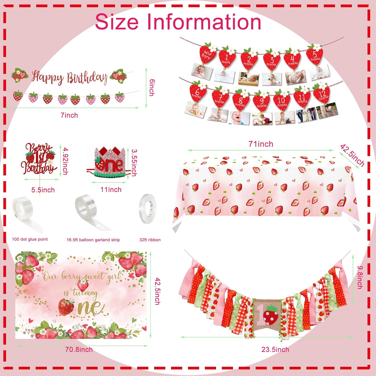 Strawberry 1st Birthday Decorations for Girls - Berry First Birthday Decor - Berry Sweet One Themed Party Supplies Kit with Balloon Arch, Highchair Banner, Backdrop, Cake Topper & Crown