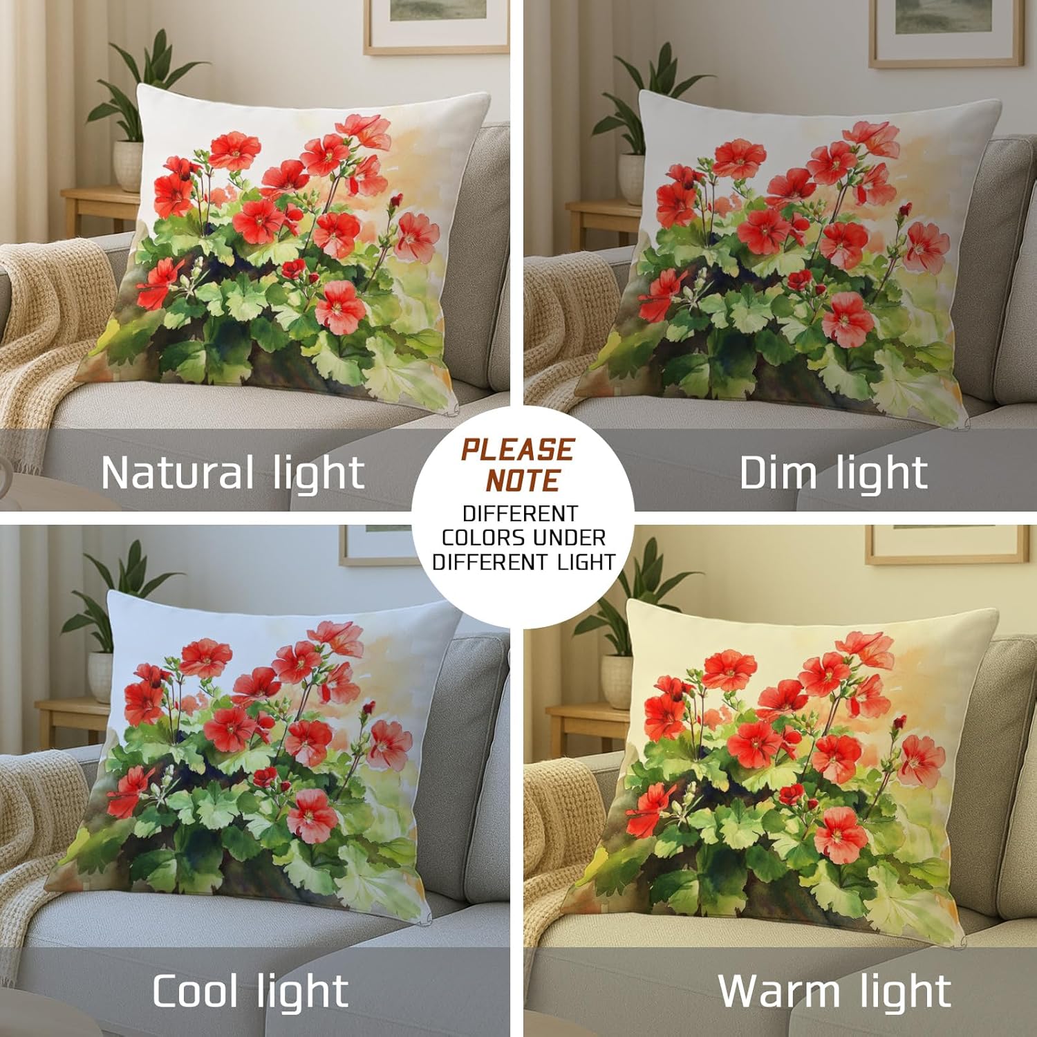 Spring Floral Pillow Covers Set of 2, Red Geranium Plant Throw Pillows Case, Outdoor Decorative Square Home Decor Cushion Covers for Sofa Bed Couch 26x26 Inch