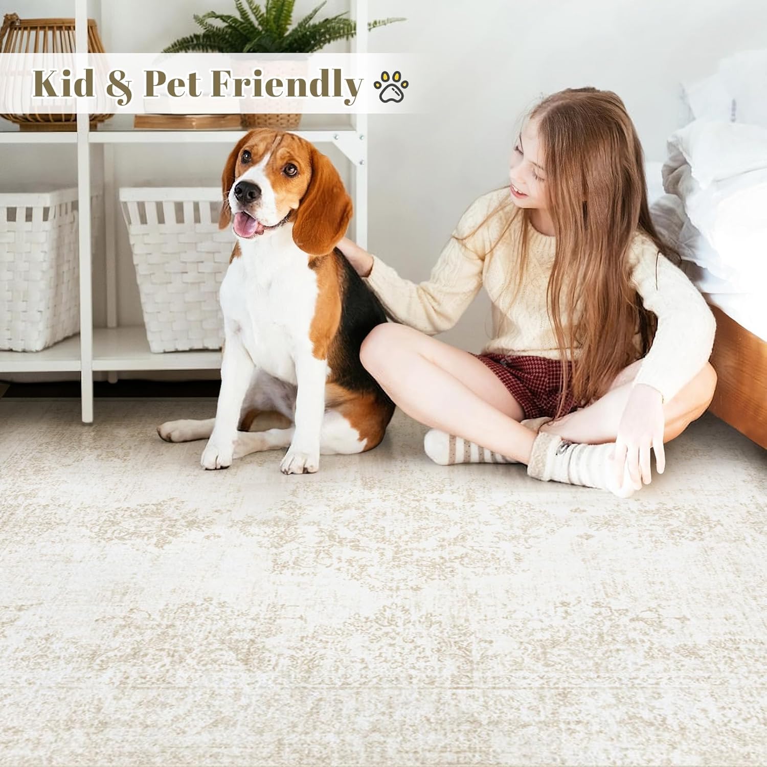 Vintage Living Room Area Rug - 8x10 Large Machine Washable Boho Moroccan Rug Distressed Farmhouse Rugs for Bedroom - Soft Non-Slip Indoor Carpet for Dining Room Office Nursery(Ivory, 8'x10')