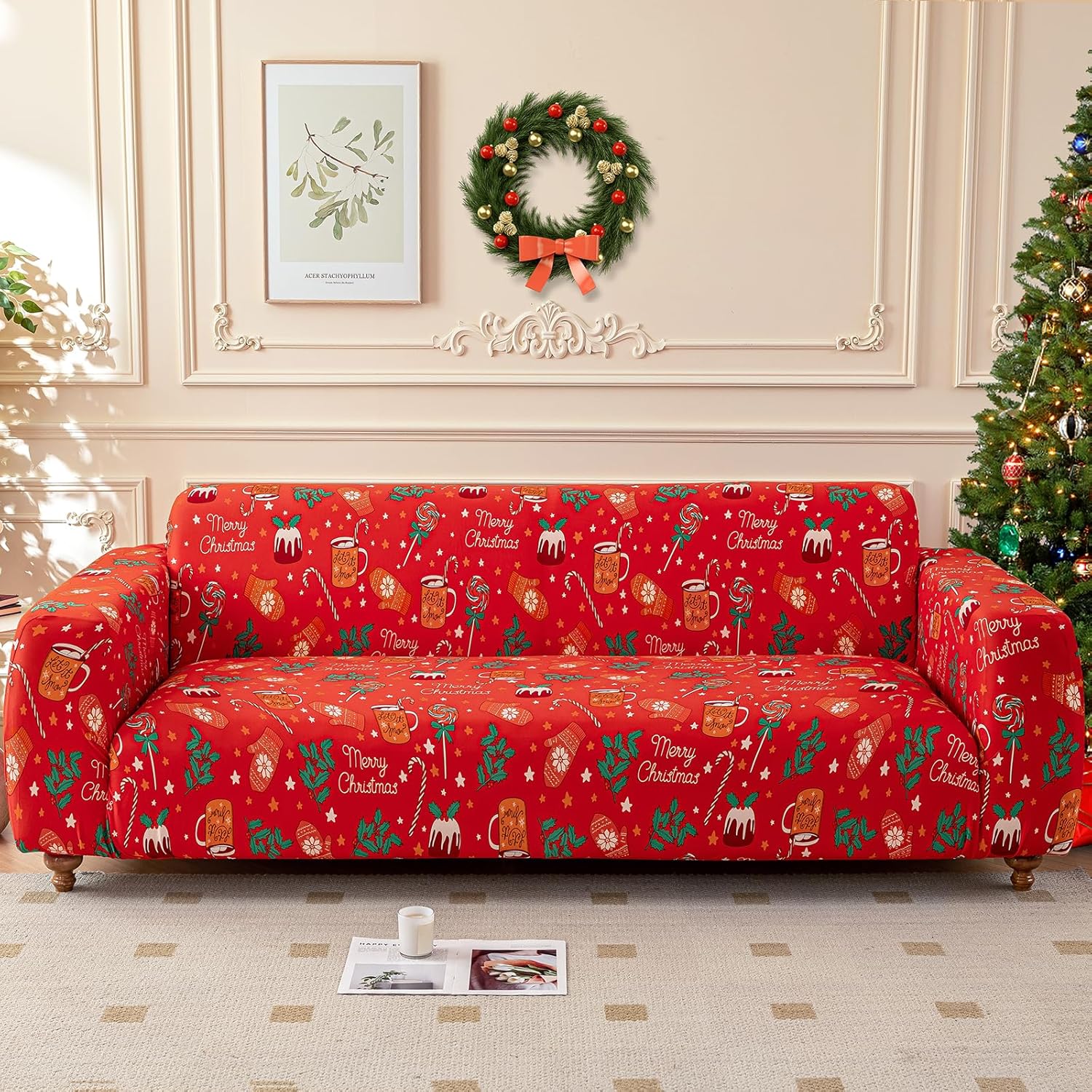 Anibedding Christmas Sofa Slipcover, ChristmasStretch Sofa Covers for 3 Cushion Couch Sofa,Furniture Protector Couch Soft with Elastic Straps for Merry Christmas.