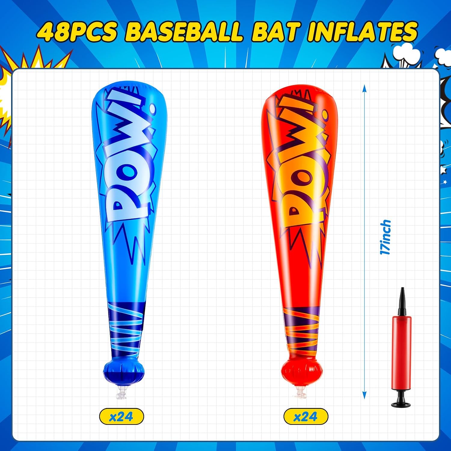 WILLBOND 48 Pcs 17 Inch Inflatable Baseball Bat Bulk Pump, Dark Blue,Red image 2