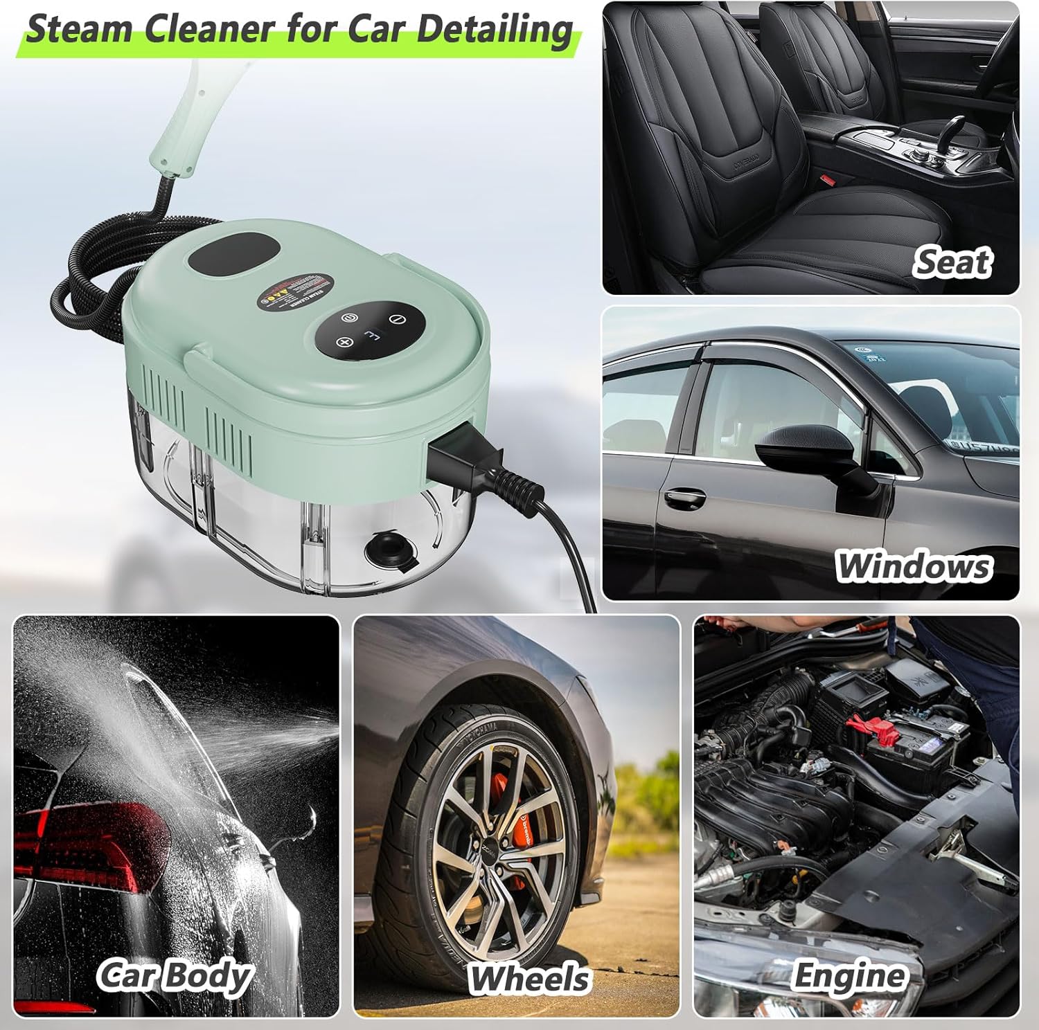 Steam Cleaner, Handheld Steam Cleaner with 6 Levels Adjustable Handle, 1.5L Water Tank, Steamer for Cleaning, Portable Steam Cleaner for Home, Car, Furniture, Couch, Bed Bugs (Green)