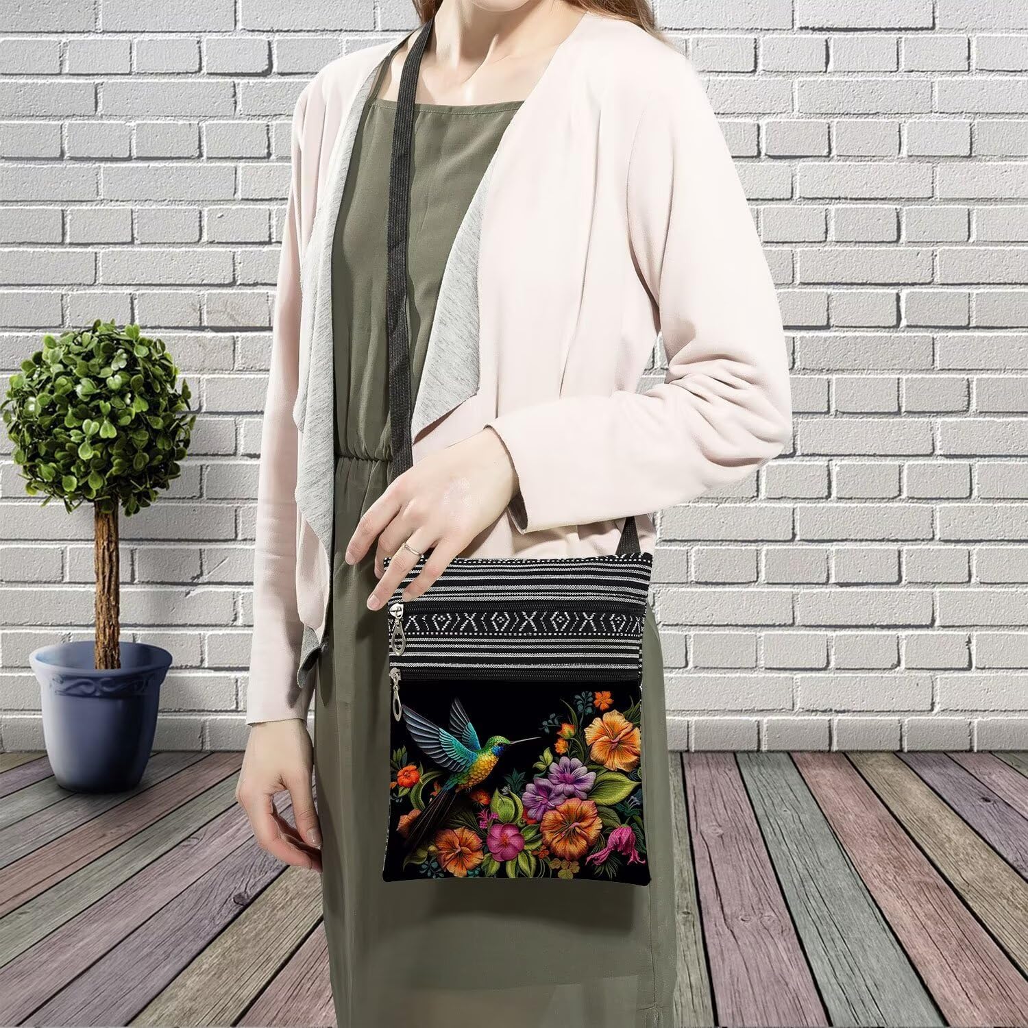 Floral Hummingbird Printed Small Ethnic Crossbody Bag -3