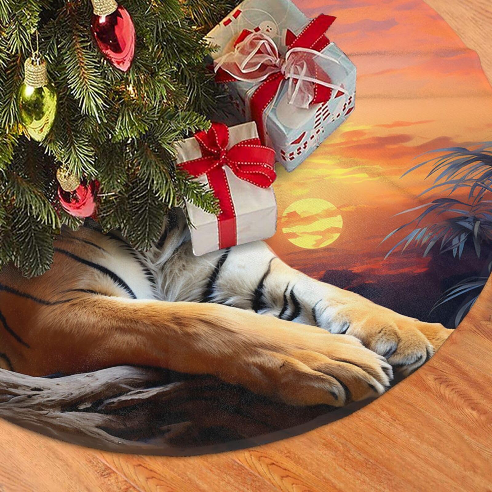 Fodpand Black Tiger Colorful Sunset Christmas Tree Skirt 48" Velvet Xmas Tree Skirt Mat Rustic Christmas Tree Mat Cover Winter Xmas Tree Collar For Indoor Outdoor Christmas Decorations