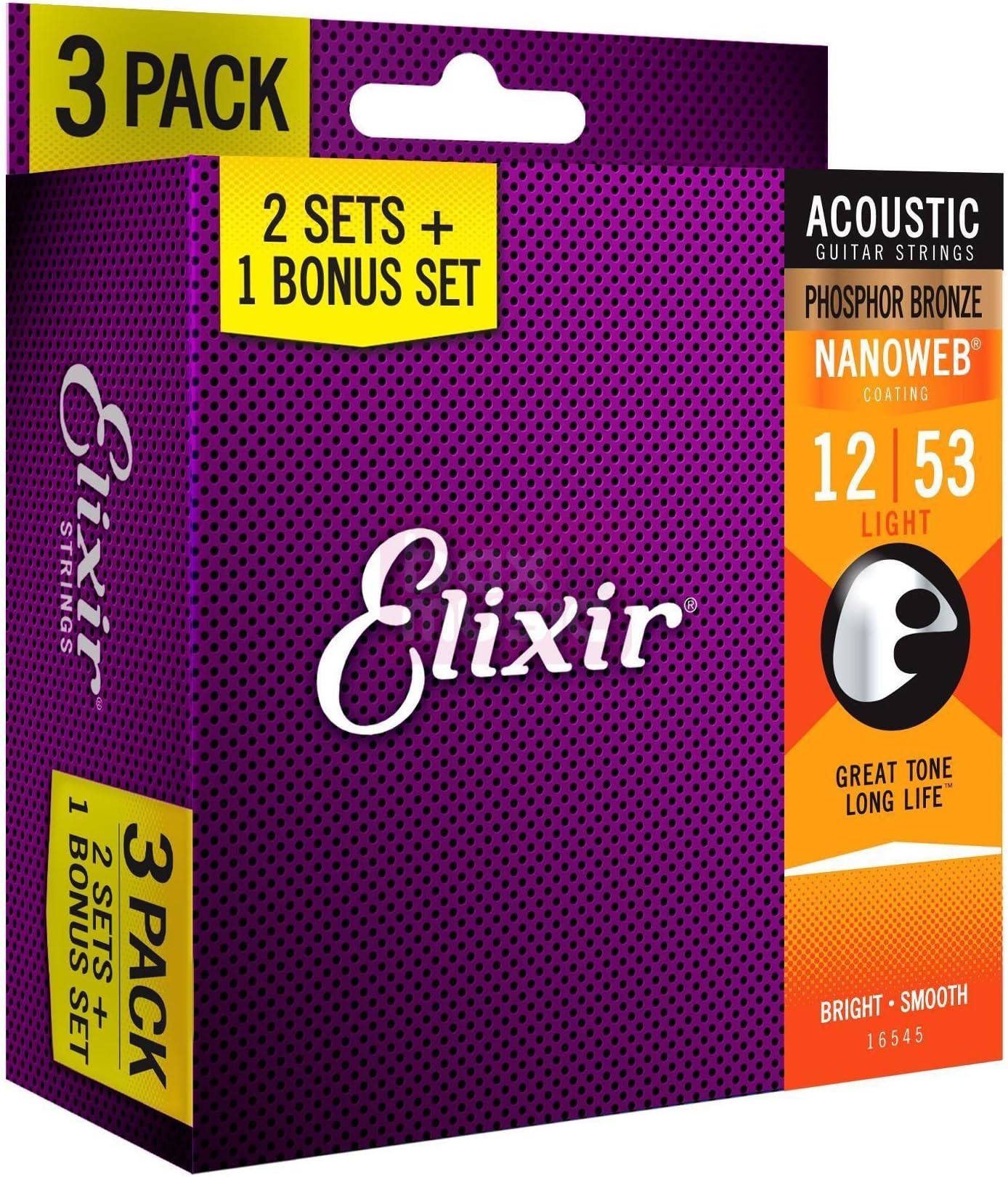 Elixir E16545 3 pack of Acoustic Guitar Strings - includes 6 free plectrums