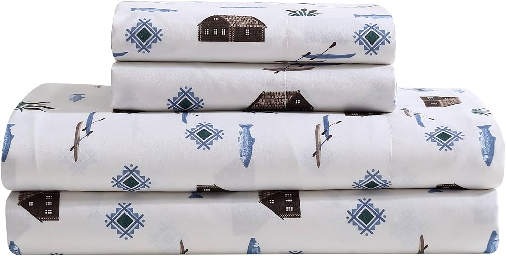 Beatrice Home Fashions Cozy Cabin 4-Piece King Microfiber Bedding Sheet Set with Deep Pockets Rustic Patchwork Plaid Deer, Lake Day