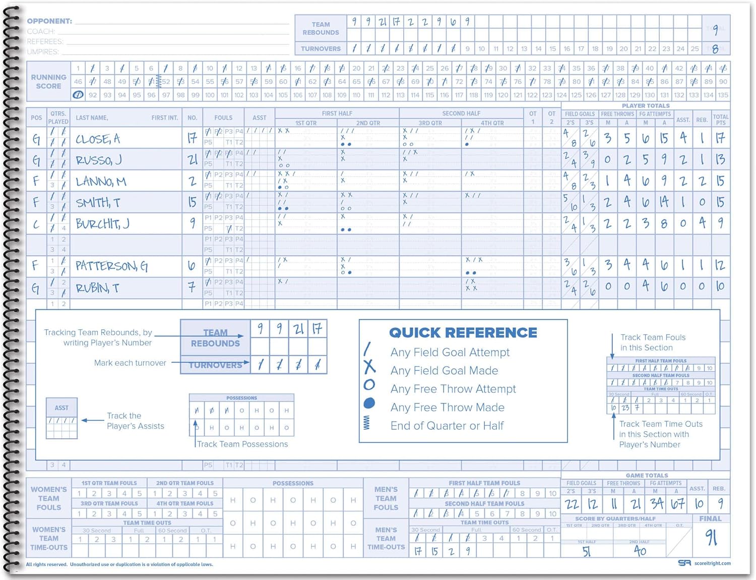 Basketball Scorebook – 16-Player Men’s and Women’s Basketball Score Keeping Book – Basketball Game Score Book for Individual and Team Stats – 9.25 x 12-inch Hardcover Book - Image 4