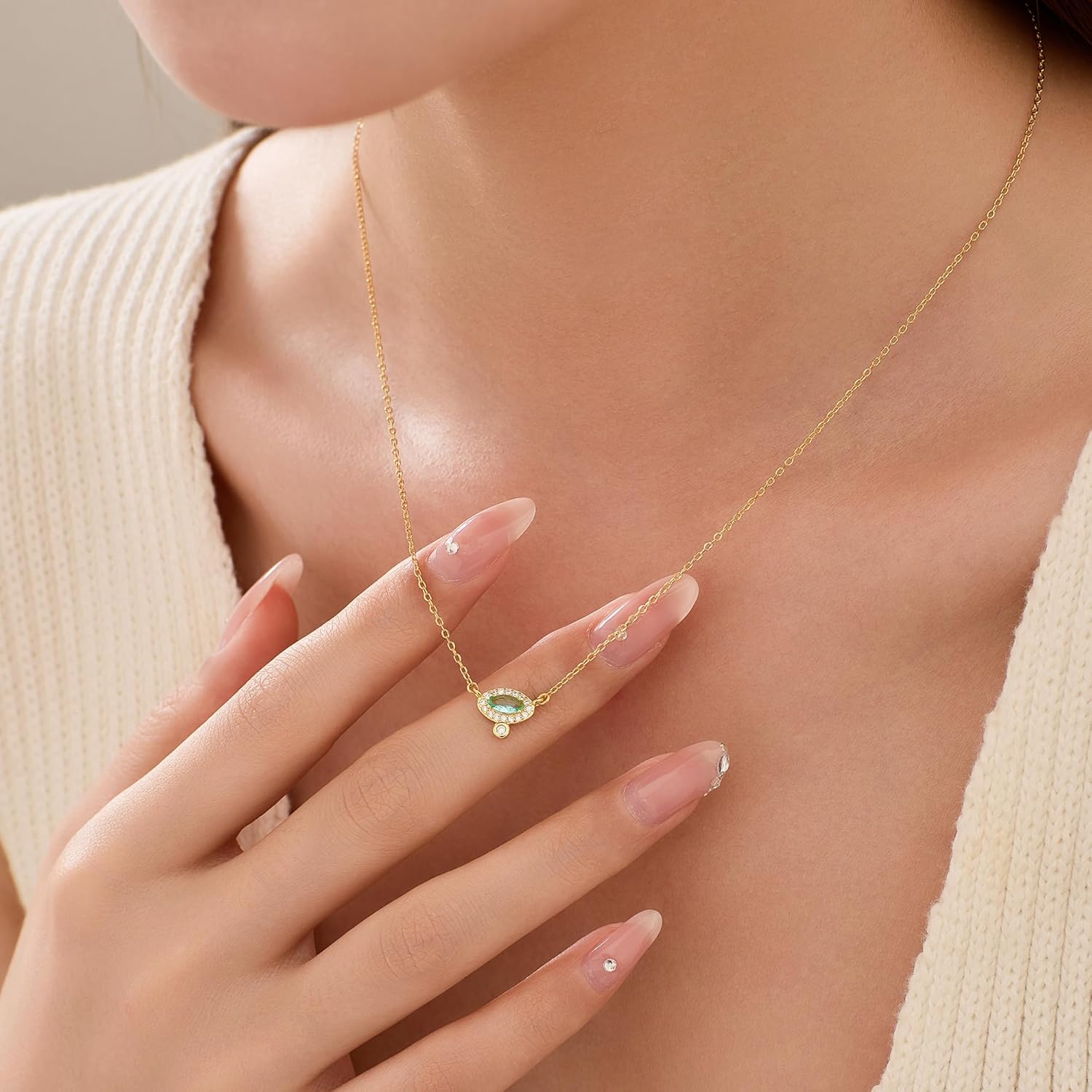 SUYACS 925 Sterling Silver Marquise Cubic Zirconia Necklaces for Women Dainty 14k Gold Plated Solitaire Blue Eye Shaped Crystal Diamond Pendant Necklace Rhinestone Chain Jewelry Gifts for Mom - Image 2