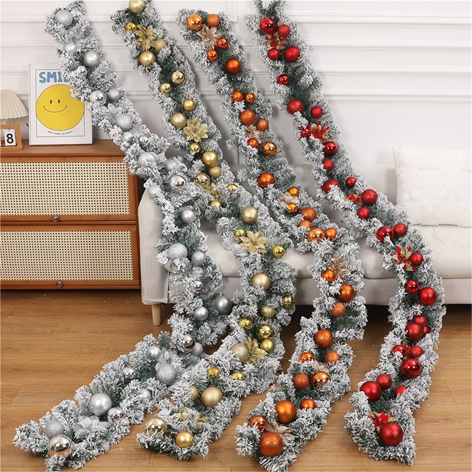 Weihnachts Lametta 8,85 Fuß Lange Weihnachtsgirlande Mit Ornamenten for Das Treppengeländer Im Eingangsbereich Girlande(Silver)