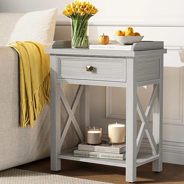 karlott Tall Nightstand with Charging Station, 22" Wood Nightstand with Drawer, Bedside Table with Storage and Shelf, Farmhouse End Accent Table for Bedroom, Living Room, Drawer Pre-Assembled, Grey