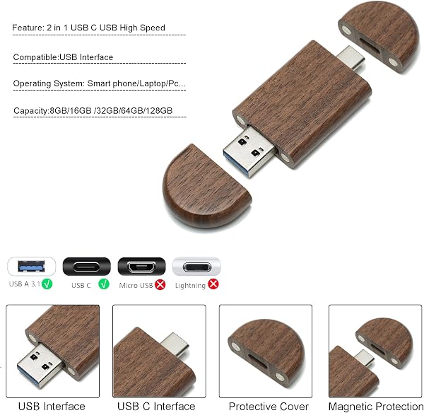 8GB USB C Flash Drive USB 2.0 Flash Drive High Speed Dual OTG Pen Drive Walnut Wood Box for TV, Car, Smartphones, PC, Laptop - 3