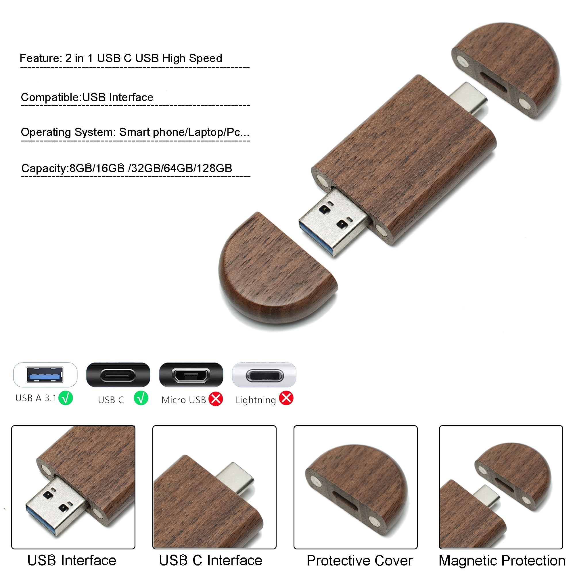 8GB USB C Flash Drive USB 2.0 Flash Drive High Speed Dual OTG Pen Drive Walnut Wood Box for TV, Car, Smartphones, PC, Laptop - 3