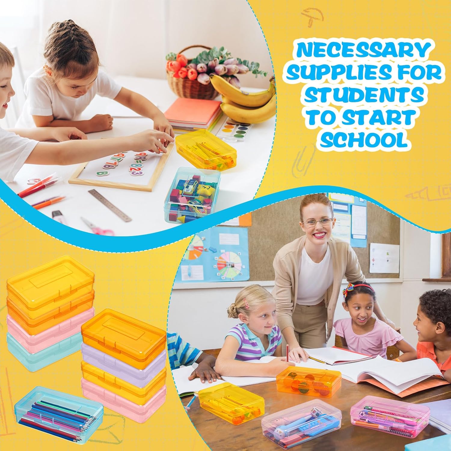 10 Pcs Plastic Pencil Boxes Bulk Clear Large Capacity Pencil Cases with Snap Tight Lid, Crayon Box Storage Organizer Containers for School Office Supplies Student Adult Multi Purpose (Colorful)