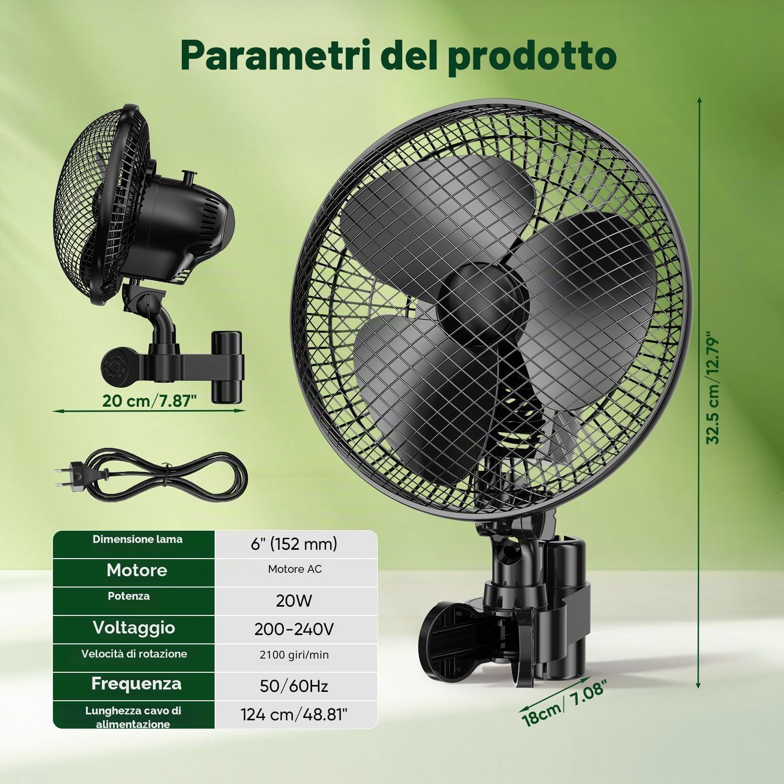 Ventola di crescita da 20 W con clip, ventilatore sedile posteriore auto 2 velocità (1500/2100 giri/min), oscillazione verticale di 120° e orizzontale di 90°, morsetto regolabile