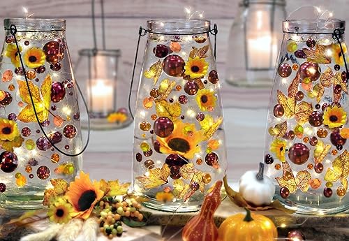 Miniatura 9 de 50 tonos flotantes de hojas de otoño brillantes, madres, perlas, guijarros, rellenos de 1 galón para jarrones, con gel transparente medido, kit