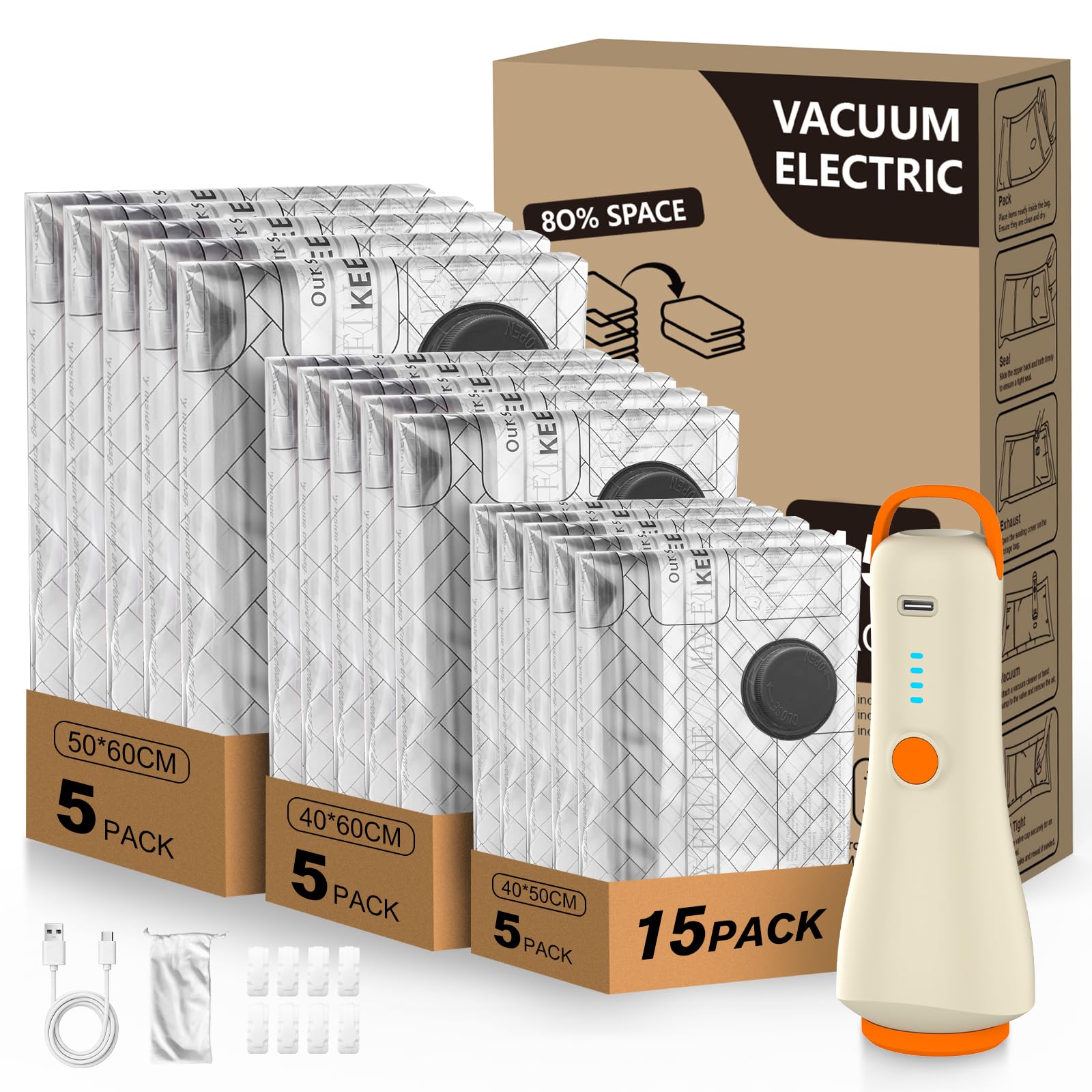 varkda Vacuum Storage Bags 15-Pack with Wireless Electric Pump