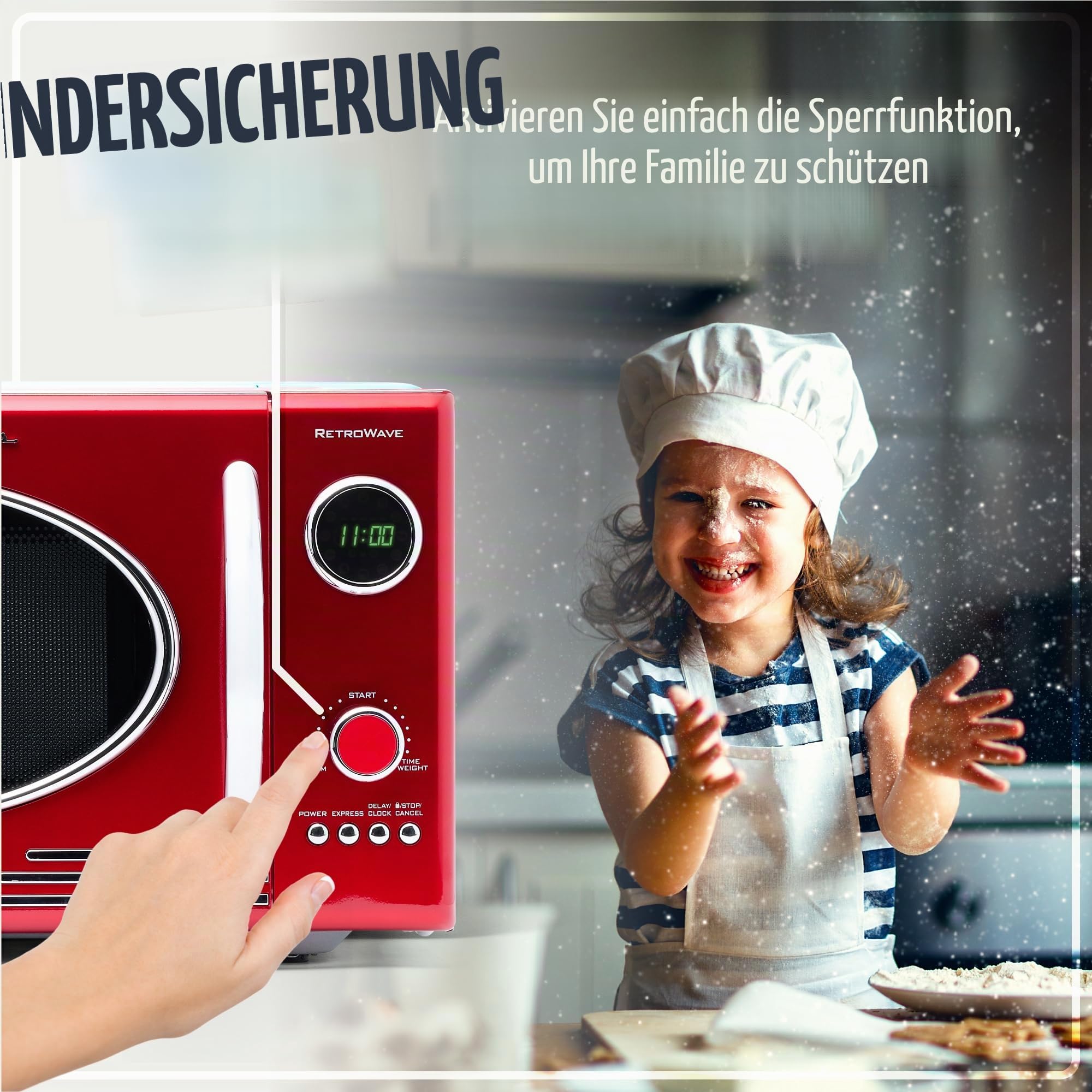 Nostalgia NRMO9RR Retro Große 25,5 Liter, 800-Watt Mikrowellenofen für die Arbeitsplatte, 12 vorprogrammierte Kochprogramme, digitale Uhr, leicht zu reinigendes Innenleben, Retro-Rot