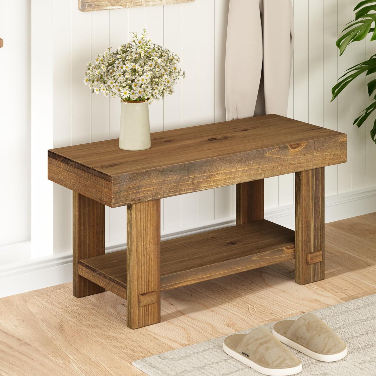 HOKYHOKY 31.5" Solid Wood Farmhouse Entryway Bench with Storage Shelf - Rustic Narrow Shoe Bench for Hallway, Living Room
